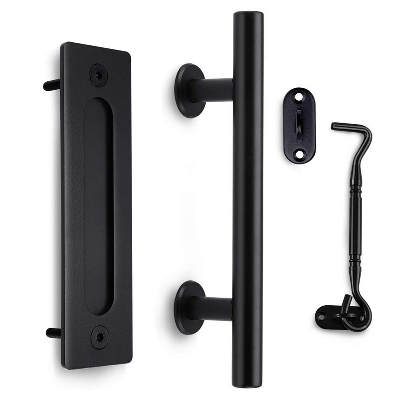Orgerphy 12 Inch Black Barn Door Handle with Door Latch Set| Black 12 inch Round Heavy Duty Solid Steel Gate Pull Handle | for Barn Door Gates Garages Sheds - Image 1